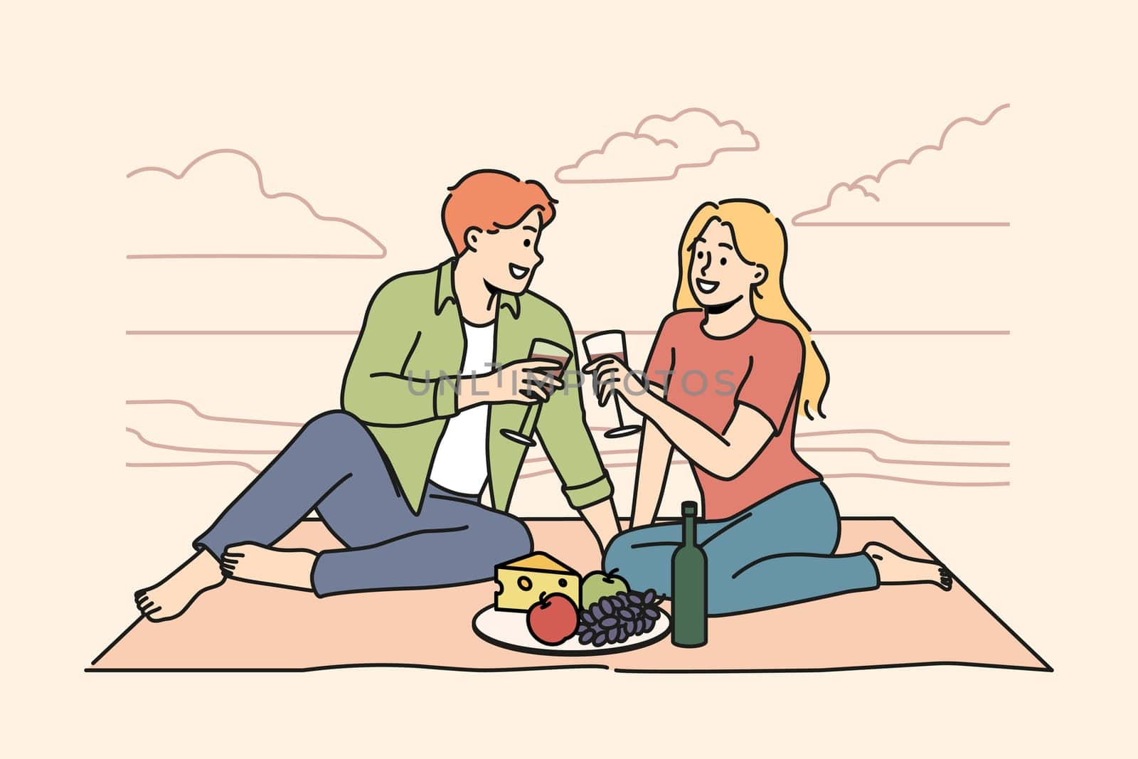 Happy couple sitting on blanket on seashore enjoying romantic date together. Smiling man and woman relax having romance on beach. Love and relationships. Vector illustration.