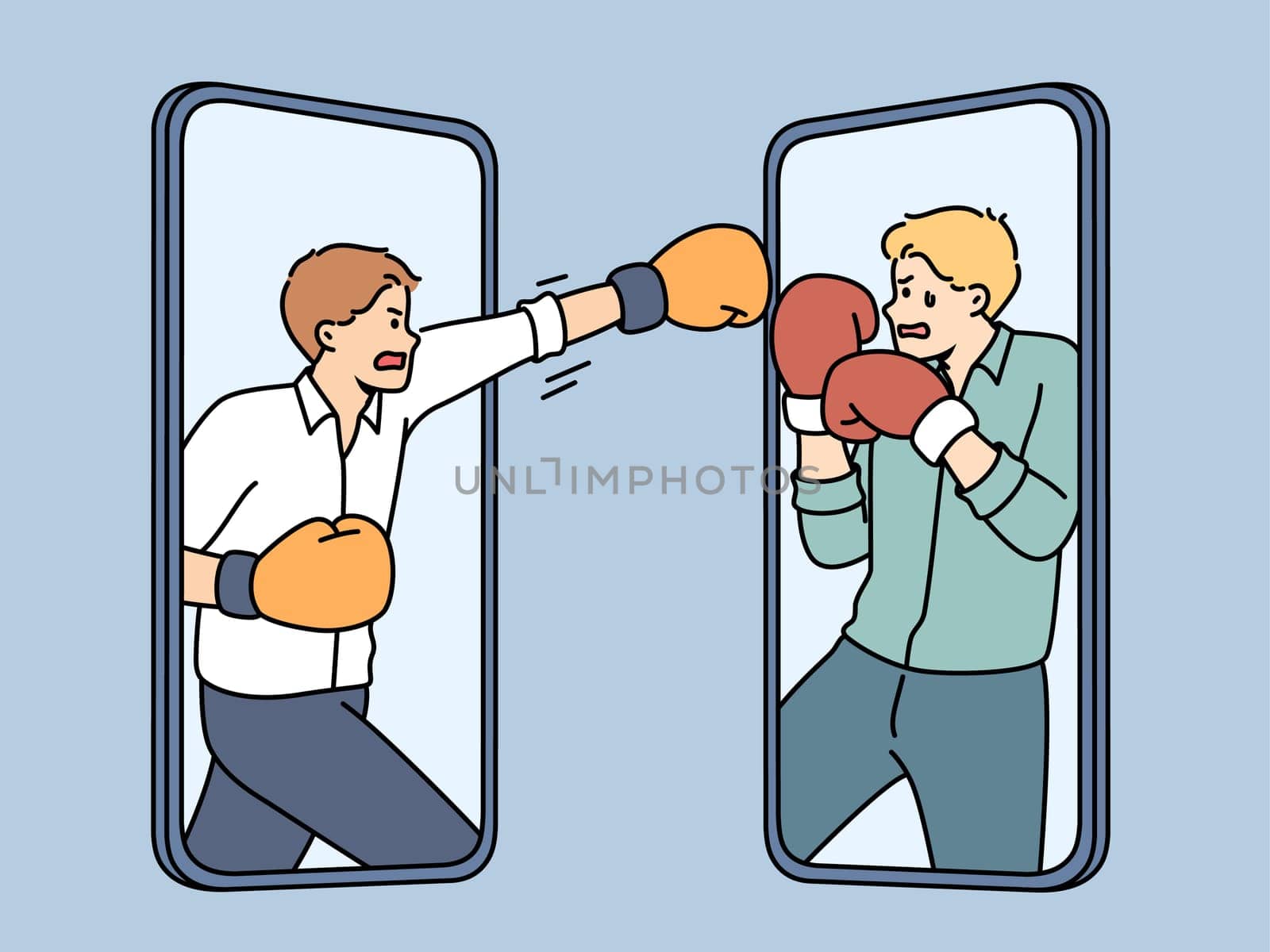 Angry businessmen on cellphones screen fighting. Furious male rivals on smartphones displays have argument or conflict. Online rivalry and competition. Vector illustration.