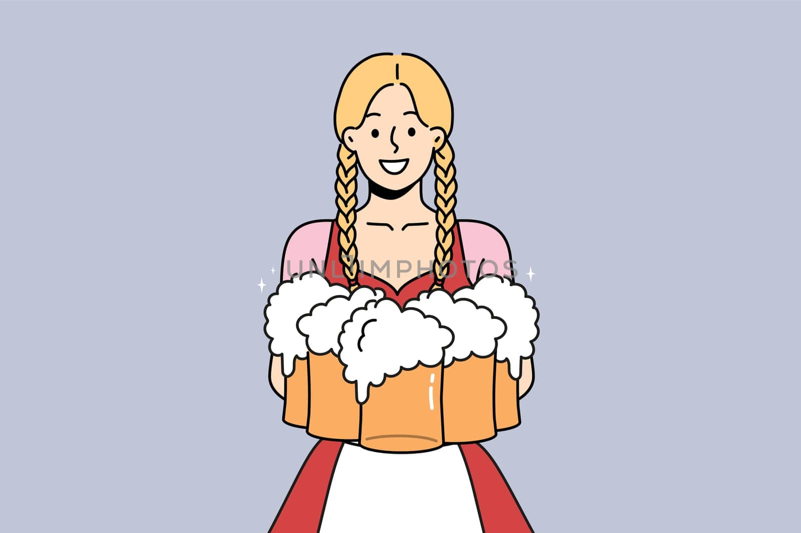 Smiling woman in traditional costume holding glasses of beers. Waitress serving drinks of German festival. Oktoberfest event. Vector illustration.