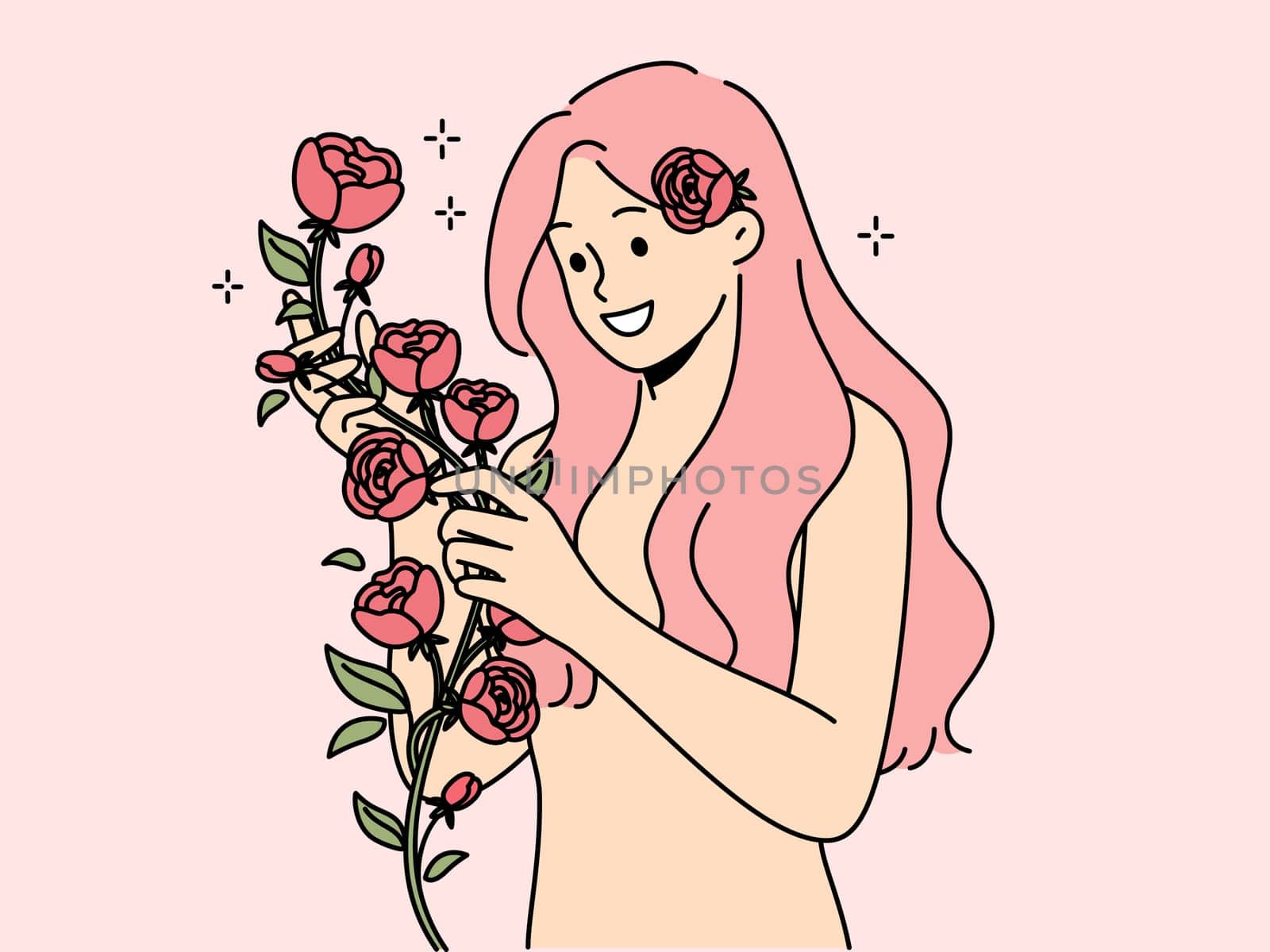 Smiling naked woman with pink hair holding roses in hands. Happy girl with flowers enjoy nature. Vector illustration.