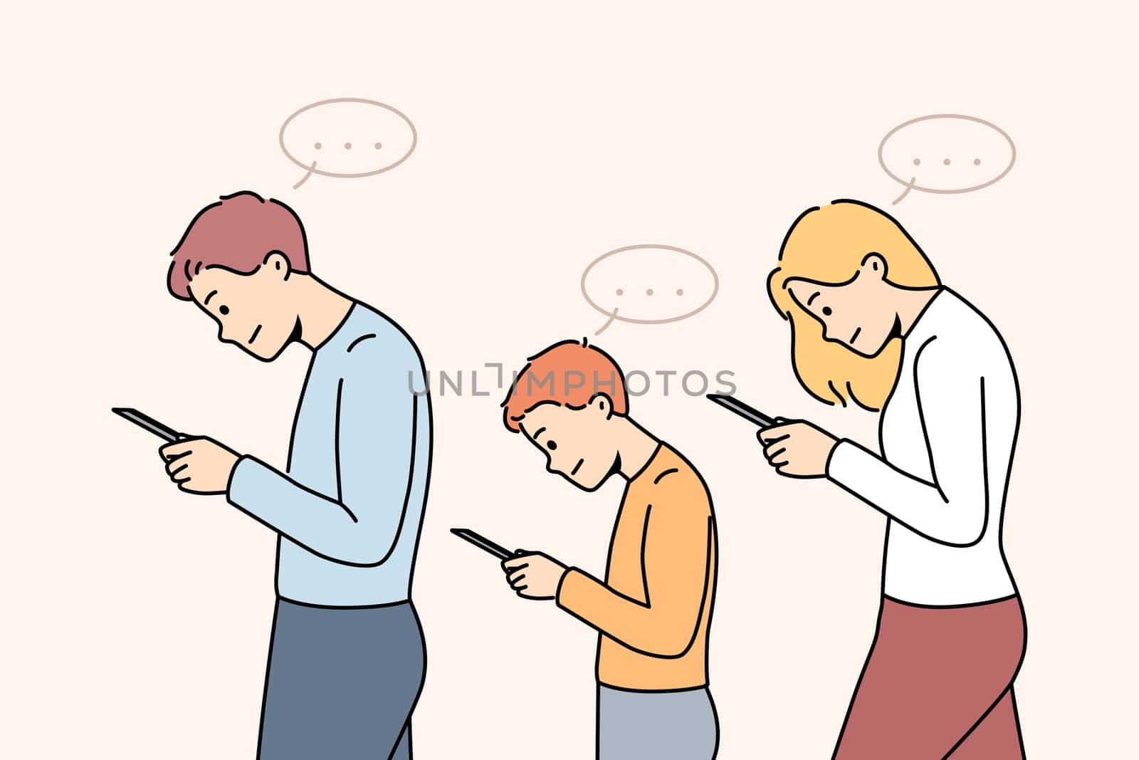 Family with child walk using cellphone. Parents and kid addicted to smartphones. Technology and gadgets addiction. Vector illustration.