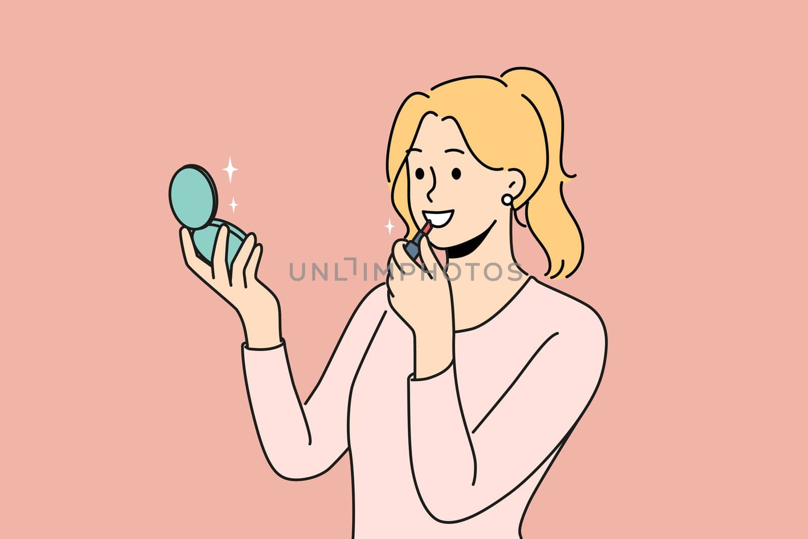 Smiling woman look in mirror putting red lipstick. Happy girl doing makeup with beauty products, getting ready. Cosmetics concept. Vector illustration.