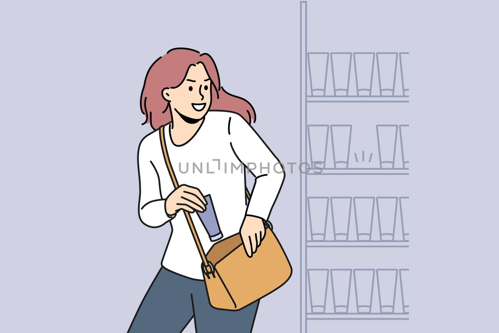 Woman stealing beauty product from shelf in shop. Suspicious female shoplifting in cosmetics store or boutique. Kleptomania. Vector illustration.