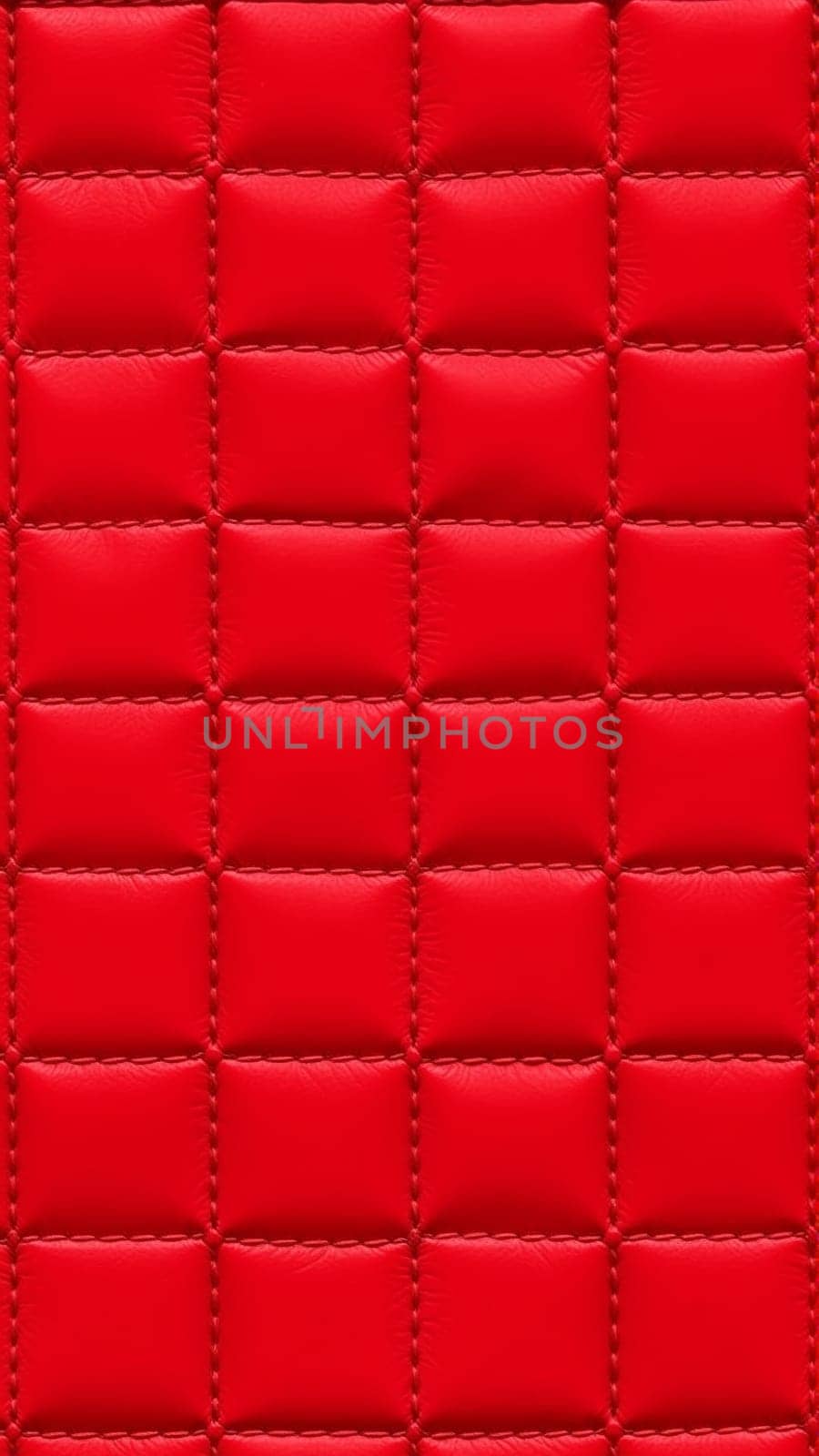 The surface texture of artificial leather in red, stitched in the form of rhombuses, squares, rectangles. Quilted eco-leather. High quality photo
