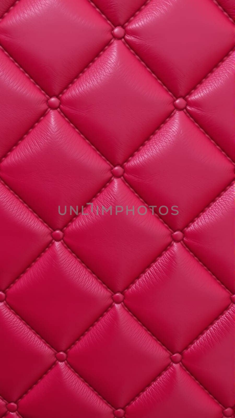The surface texture of artificial leather in red, stitched in the form of rhombuses, squares, rectangles. Quilted eco-leather. High quality photo
