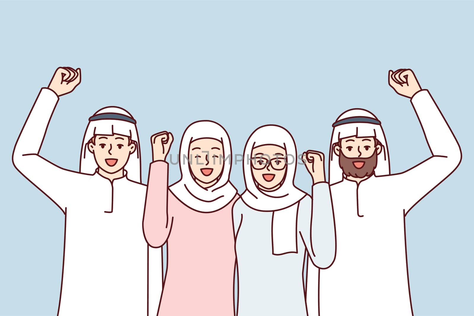 Team of people in arabic clothes make victory gestures rejoice at startup success. Modern men and women in Islamic clothing and headdresses raise their fist up with smile