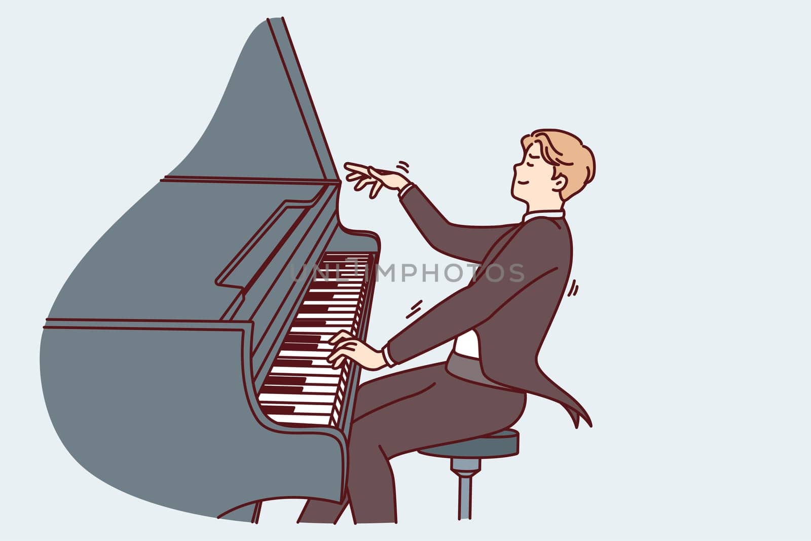 Man pianist masterfully plays classical music sitting in tuxedo for performances in front audience. Young creative guy participates in concert demonstrating cool piano playing