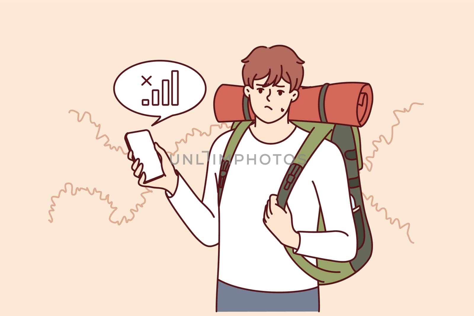 Lost traveler with backpack on back is looking for mobile network to find way home. Guy tourist got lost in forest and was sad when learned about lack of communication or bad GPS signal