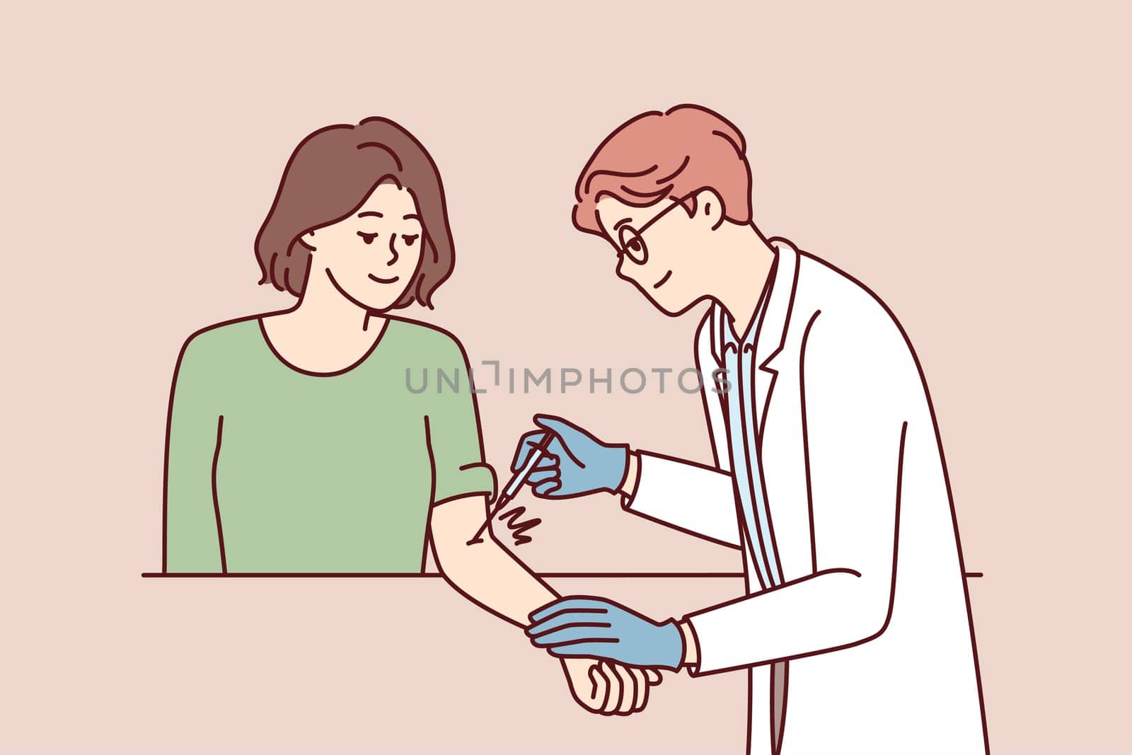 Doctor inoculates girl patient designed to protect against virus and develop immunity. Man clinic employee in white coat puts injection with medical drug into woman hand