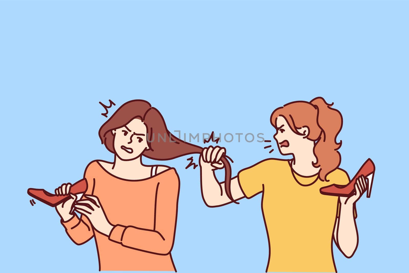 Quarrel of women tearing opponents hair and shouting insults during conflict over last shoes in store. Young girls conflict trying to get scarce pair of shoes in fight at bargain sale