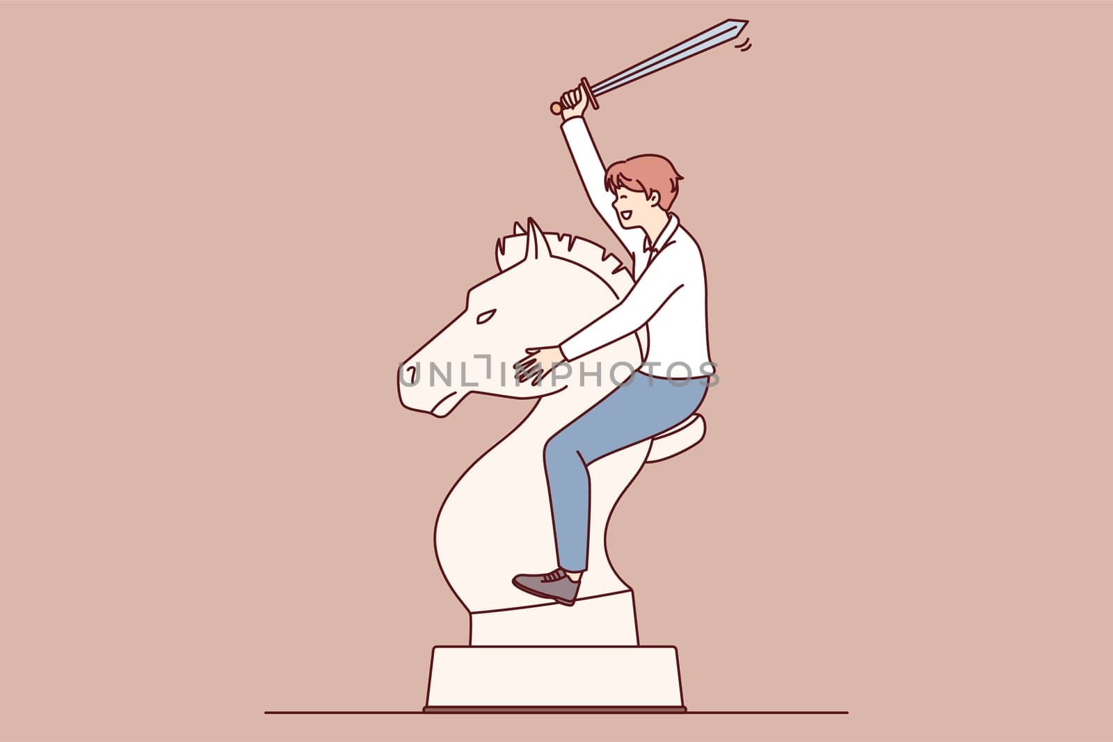Man with sword astride huge horse chess piece symbolizes determination and readiness for bold action. Business concept of competition between corporation managers