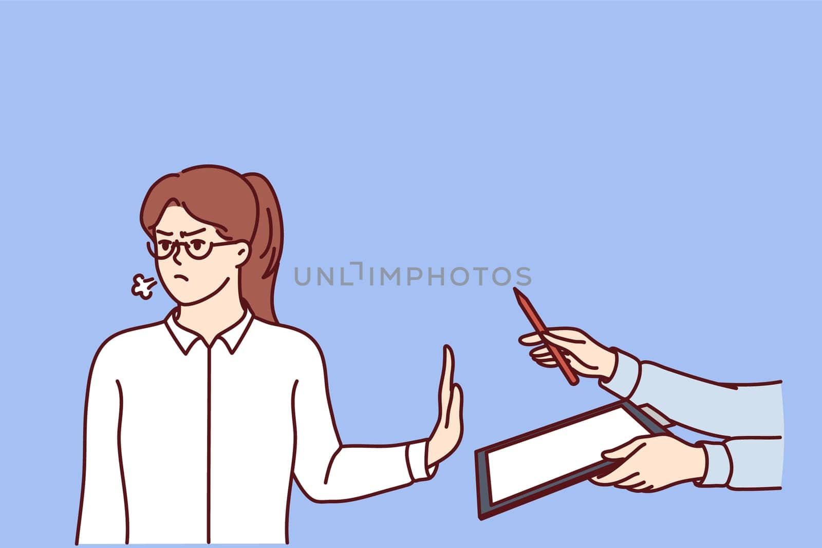 Angry woman making stop gesture suspending business deal and refusing to sign contract. Girl does not want to sign contract from employer who makes job offer with small salary or lack of insurance