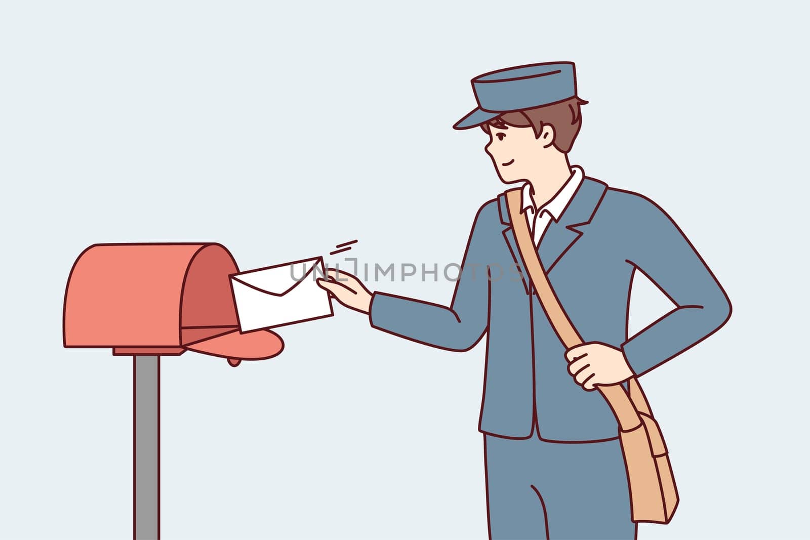 Man in postman uniform throws paper letter into metal mailbox located on street. Guy delivers fresh mail with alerts from government agencies or messages from friends