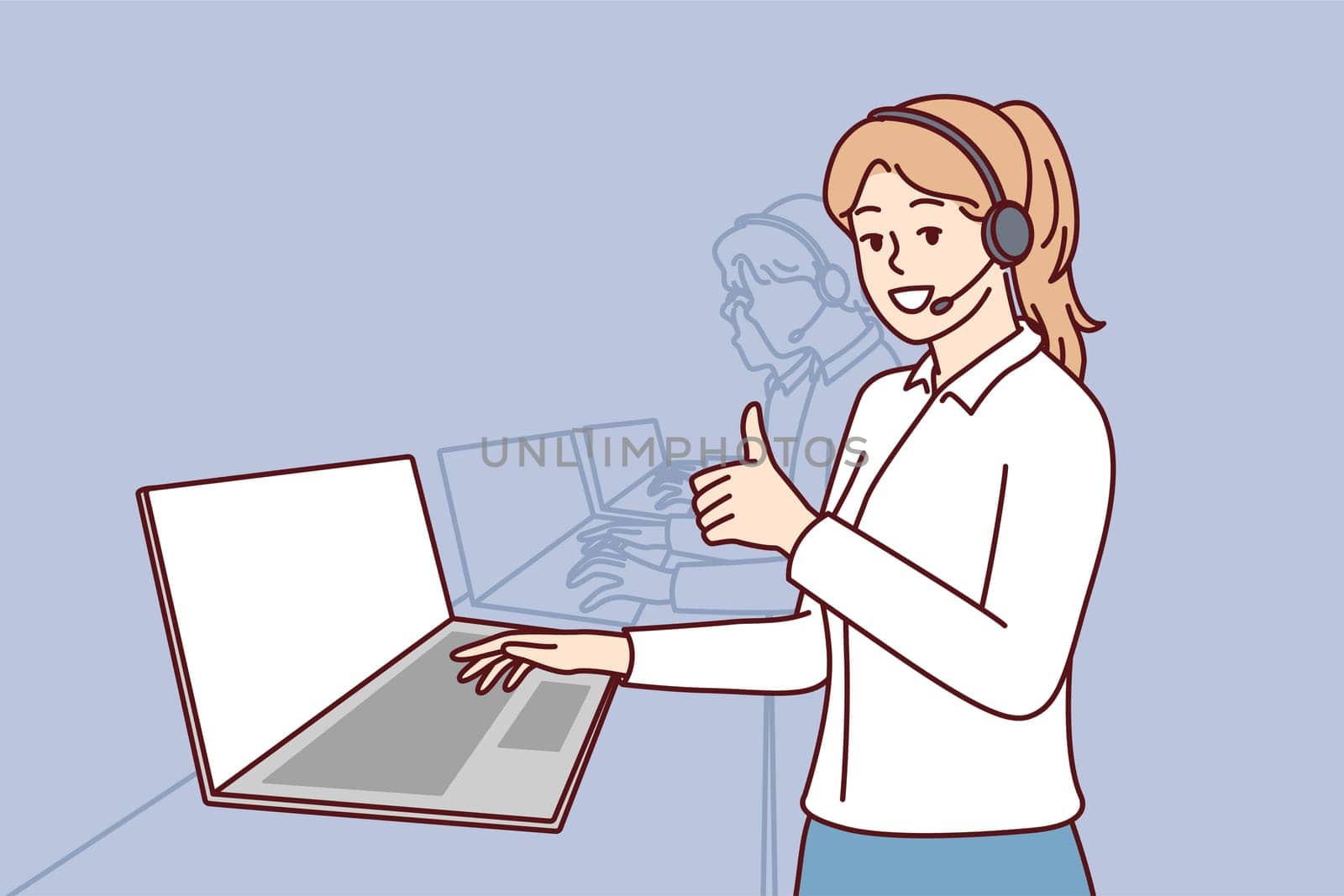 Woman in headphones for call center stands near laptop and looks at camera showing thumbs up. Girl employee of psychological support service or software user consultation smiling