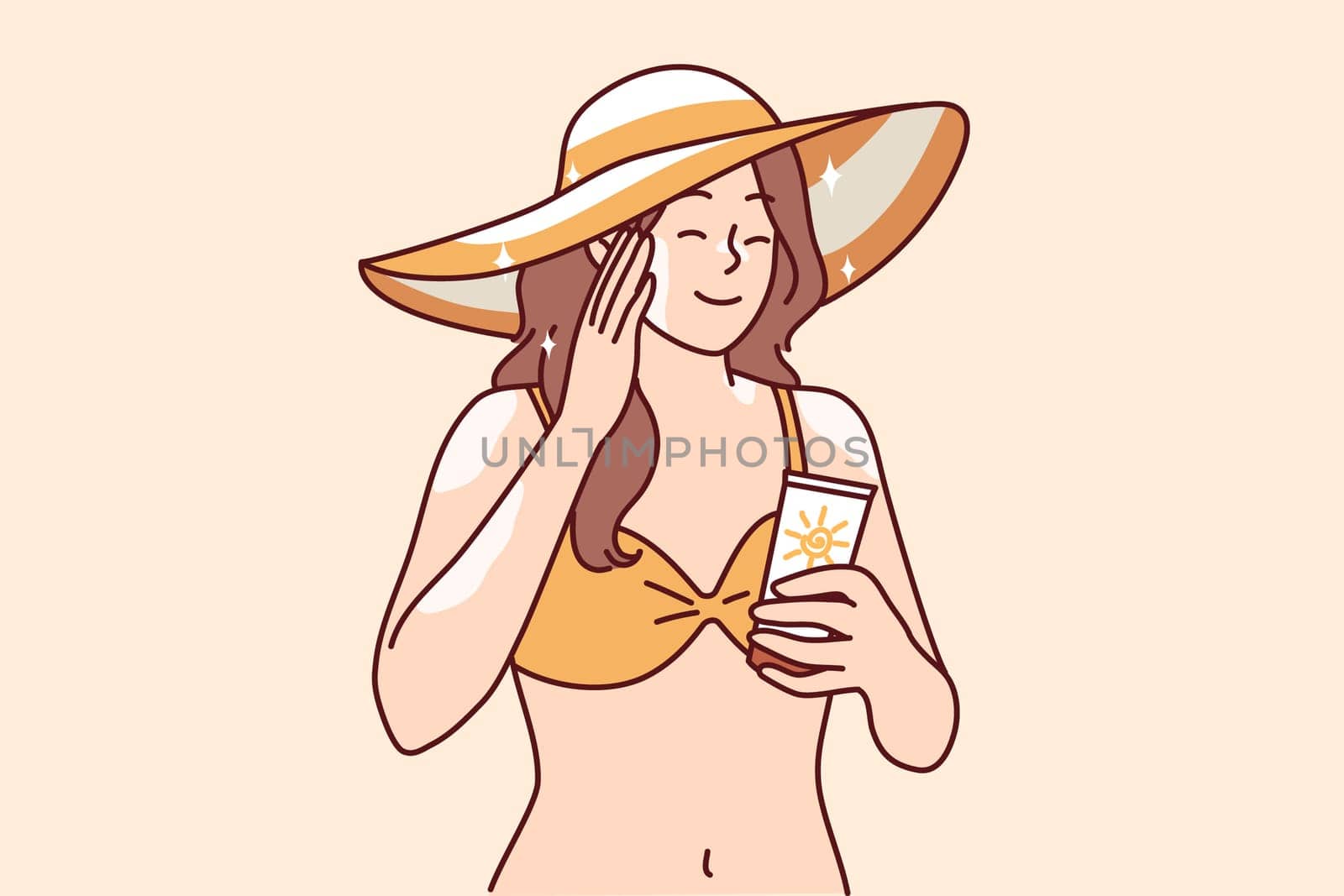 Woman who wants to sunbathe applies sunblock cream to skin to protect herself from sunstroke or to avoid excessive tanning. Girl in bikini and beach hat uses sunblock cream enjoy summer vacation