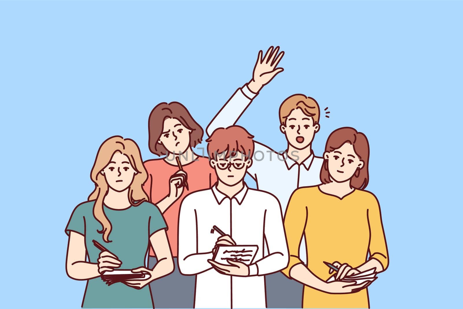 Group of business people in casual clothes are listening attentively to motivational training. Team of man and women write notes in notebooks during joint business training with cool speaker