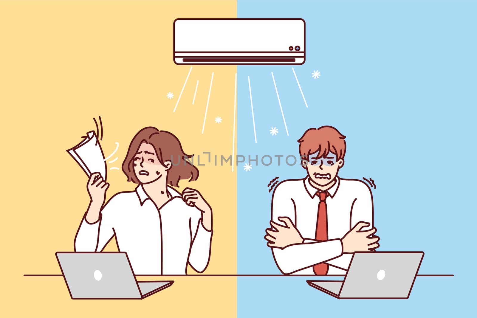Man and woman sitting at table under air conditioner experience discomfort due to different perceptions of climate. Using office air conditioner to keep warm in winter or cool in summer climates