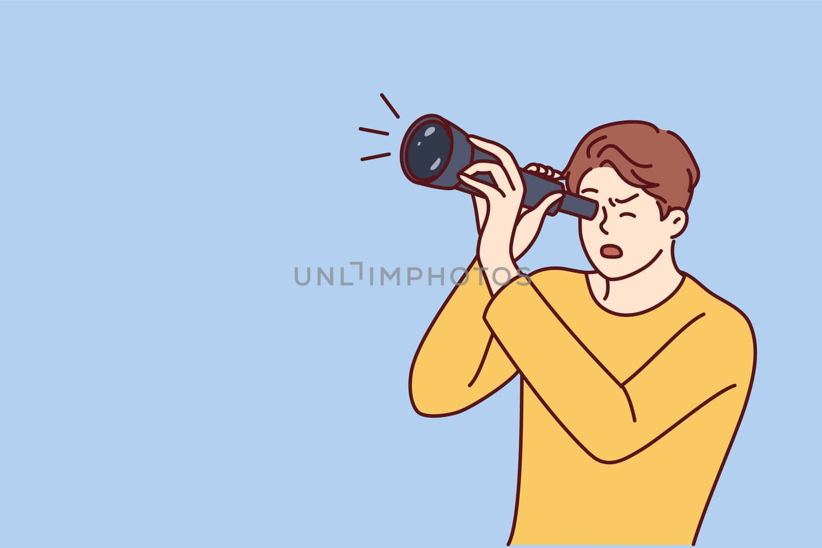 Shocked guy is looking through spyglass while looking at sights or watching rare astronomical phenomenon. Surprised man spying on neighbors using spyglass for uncoordinated surveillance