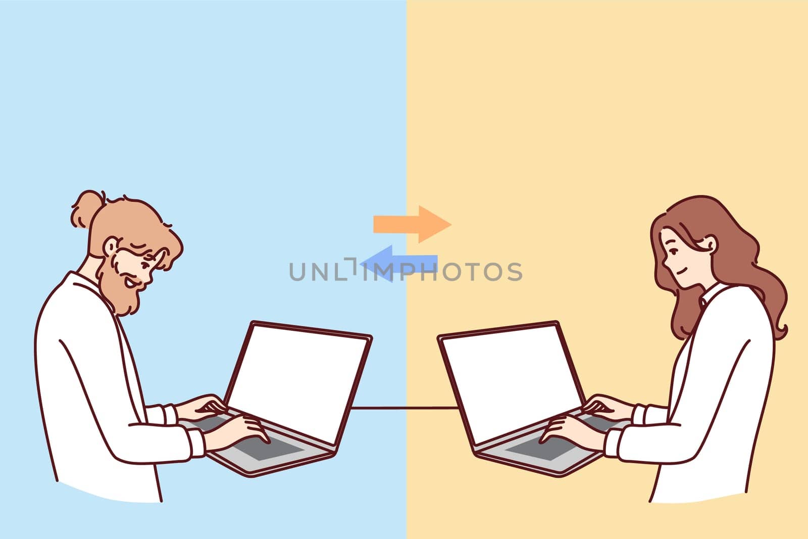 Teamwork of man and woman working remotely via laptops on project and exchanging information via internet. Concept teamwork and simultaneous change of one document by different people