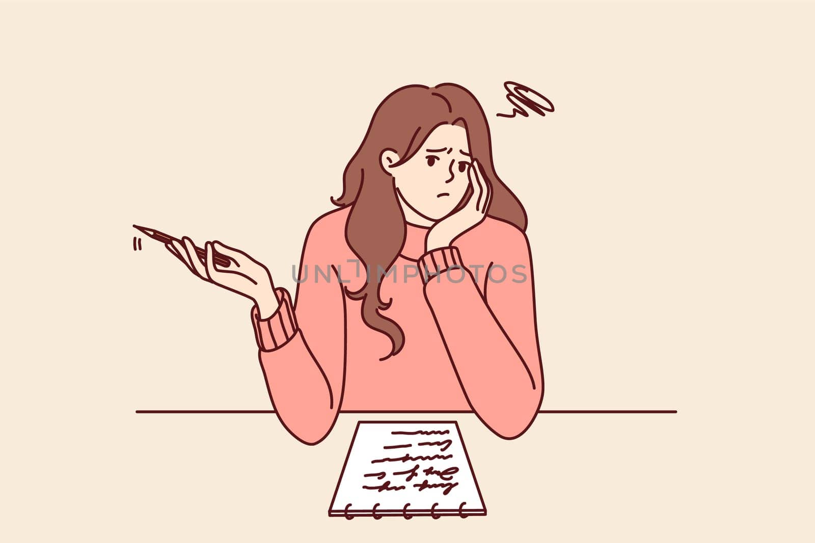 Thoughtful girl sitting at table thinking about what to write in essay given by teacher in university. Thoughtful woman using notepad to make checklist and plan for day to increase productivity