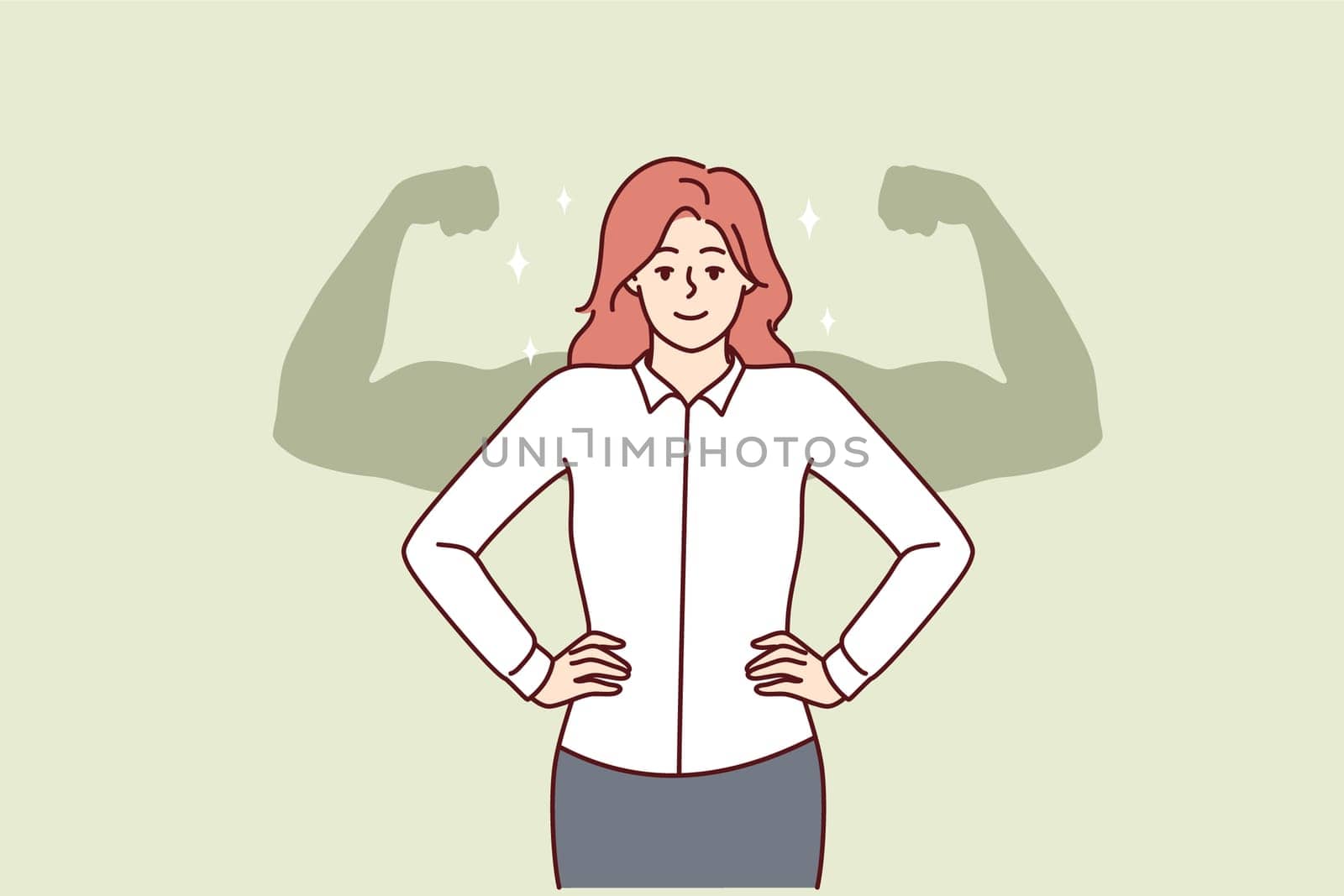 Successful businesswoman stands with hands on waist imagining giant muscular arms behind back. Businesswoman feels strength and leadership skills after gaining new knowledge or training for management