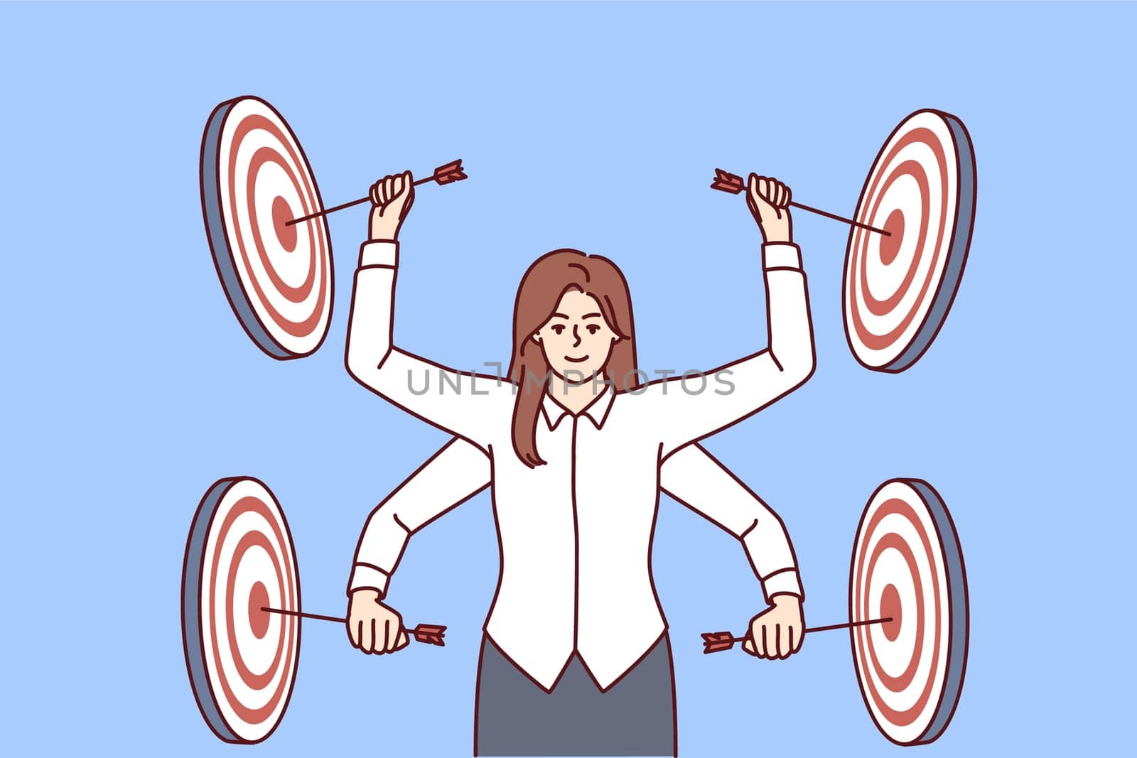 Professional multi-armed woman manager strikes performs several business goals at same time multitasking. girl among targets for darts symbolizes concentration on professional skills and goals