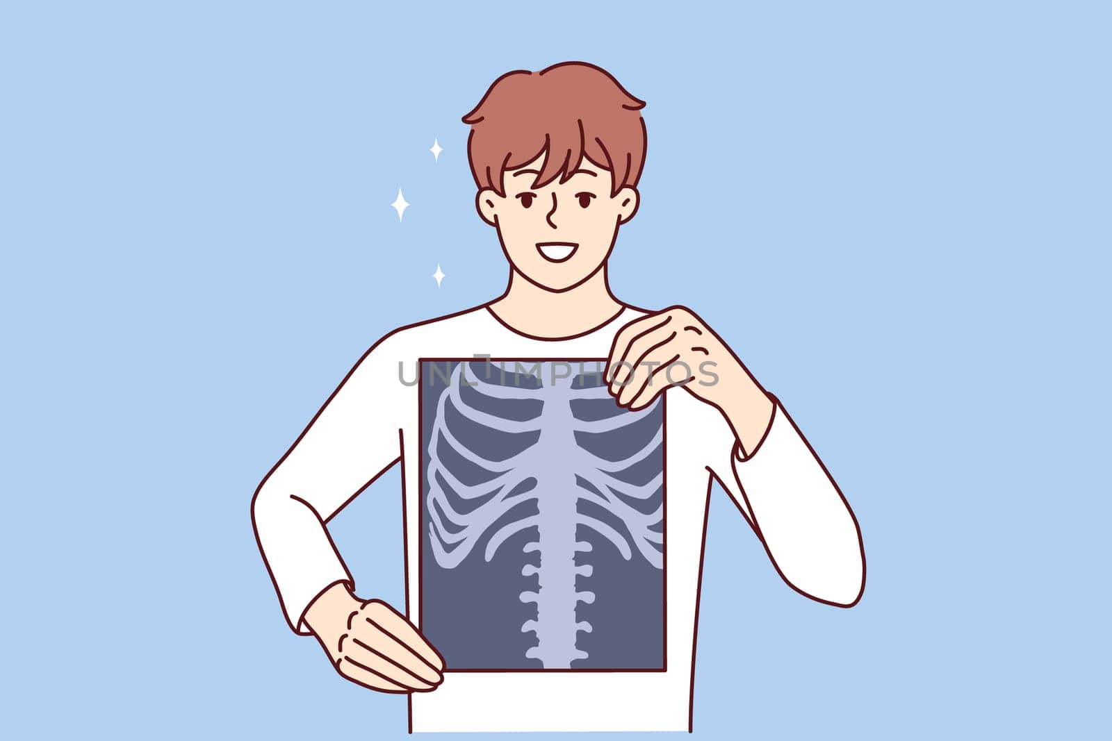 Man applies x-ray film to chest to prove absence of cancerous tumor or spinal injury. Guy with x-ray picture after fluorography procedure made under control of doctor radiologist in hospital