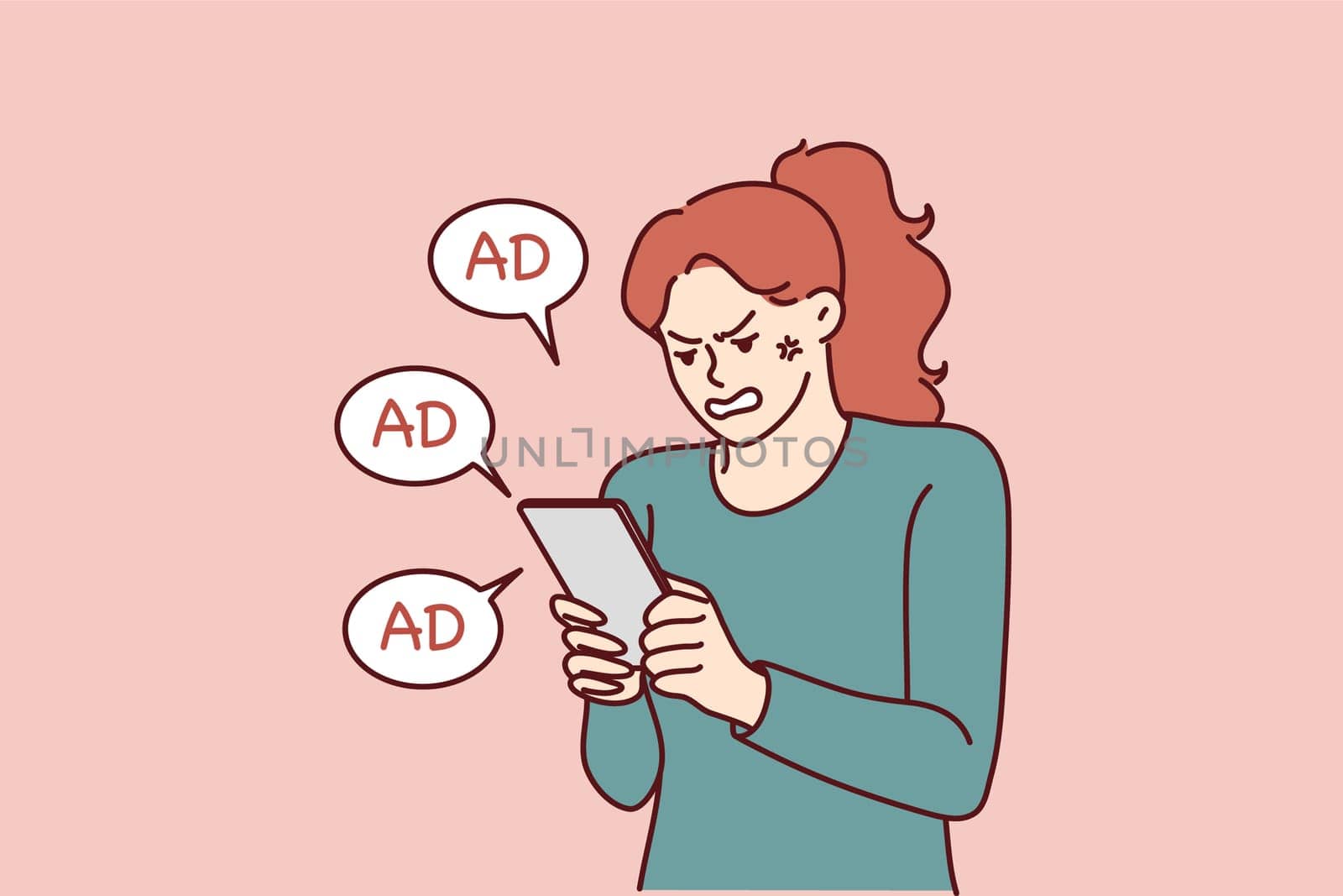 Woman is angry after receiving another promotional message from store using spam to attract new customers. Girl with tablet is nervous because of spam preventing from playing game or reading article