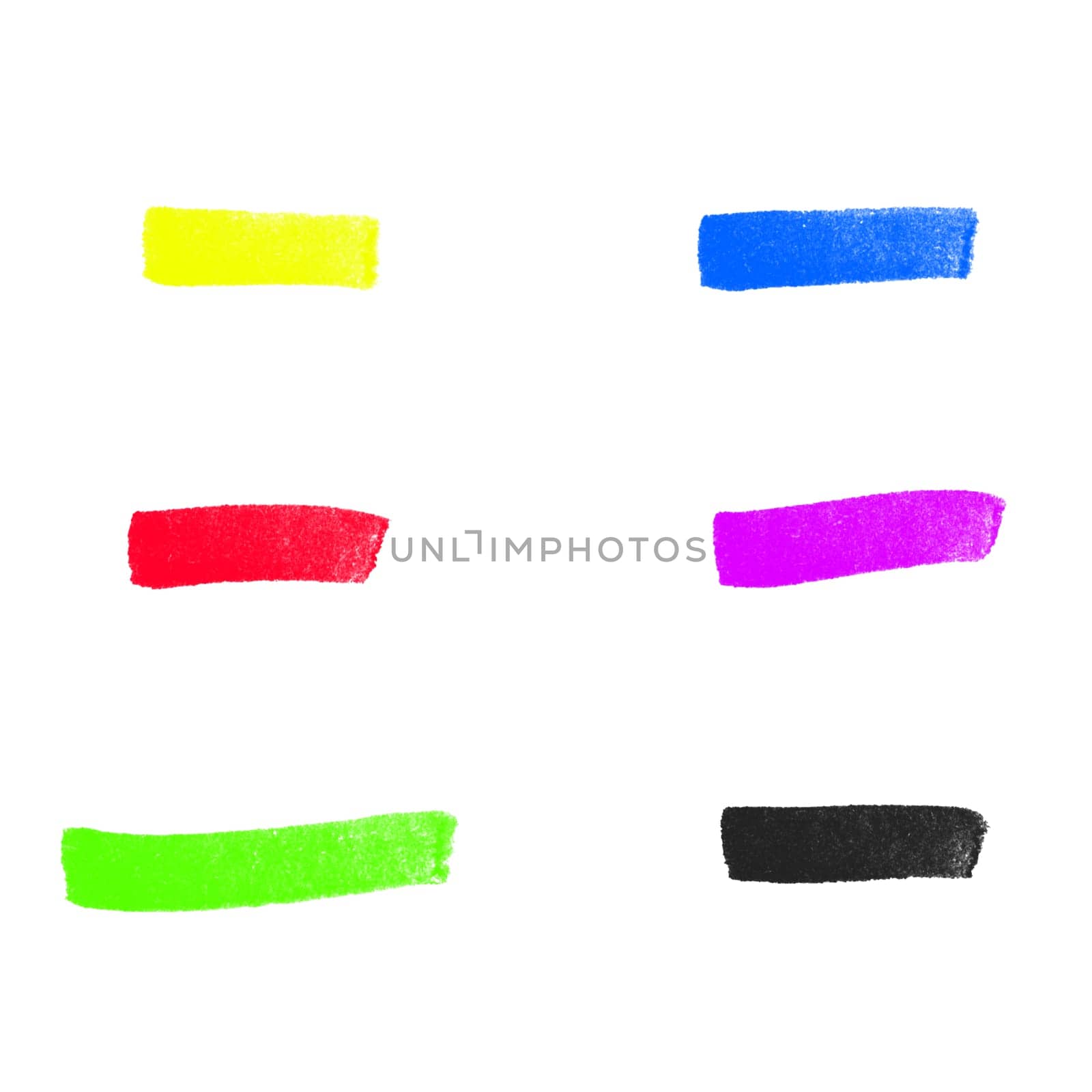 Set of 6 colorful hand drawn stripes: Yellow, red, green, blue, purple and black