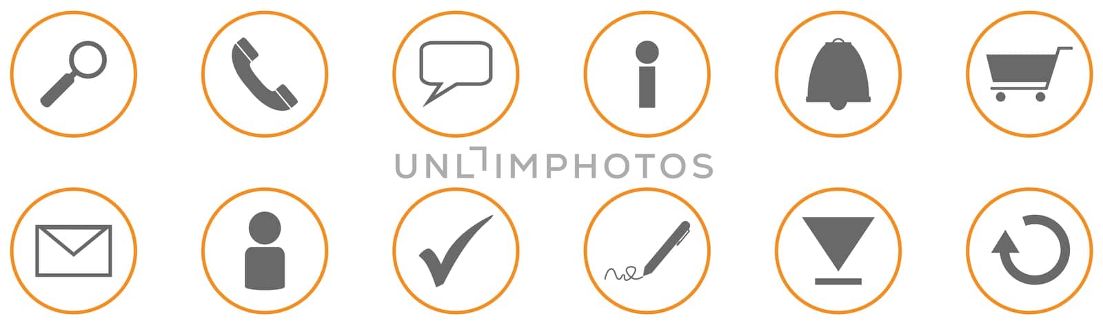 12 contact, business or shopping icons in orange circles