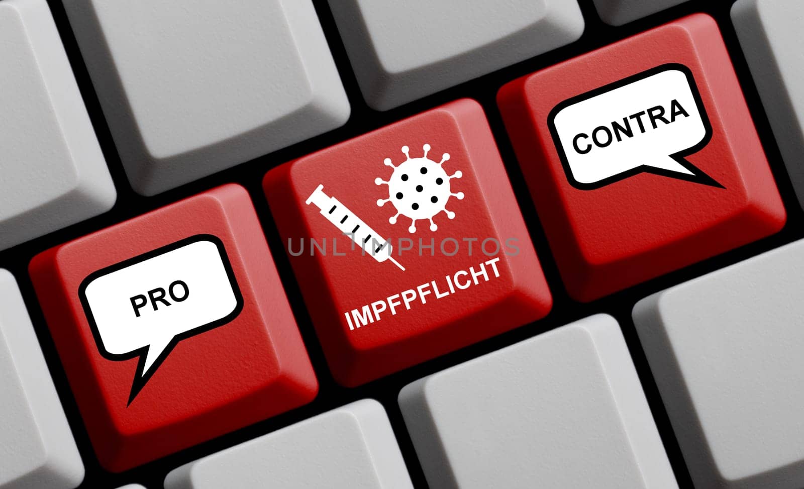 Obligation of Vaccination Pro and Contra in german language on red computer keybard 3D illustration