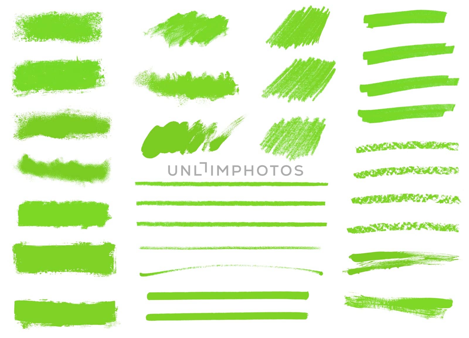 Big collection of green hand drawn pencil and paintbrush stripes, strokes and textures