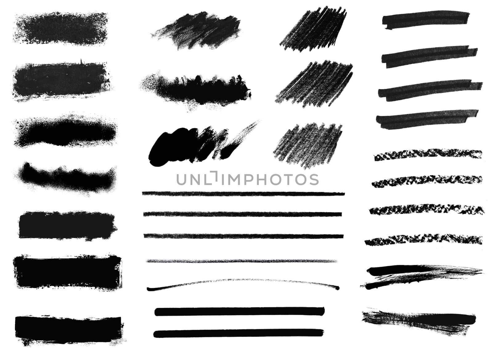 Big collection of black hand drawn pencil and paintbrush stripes, strokes and textures