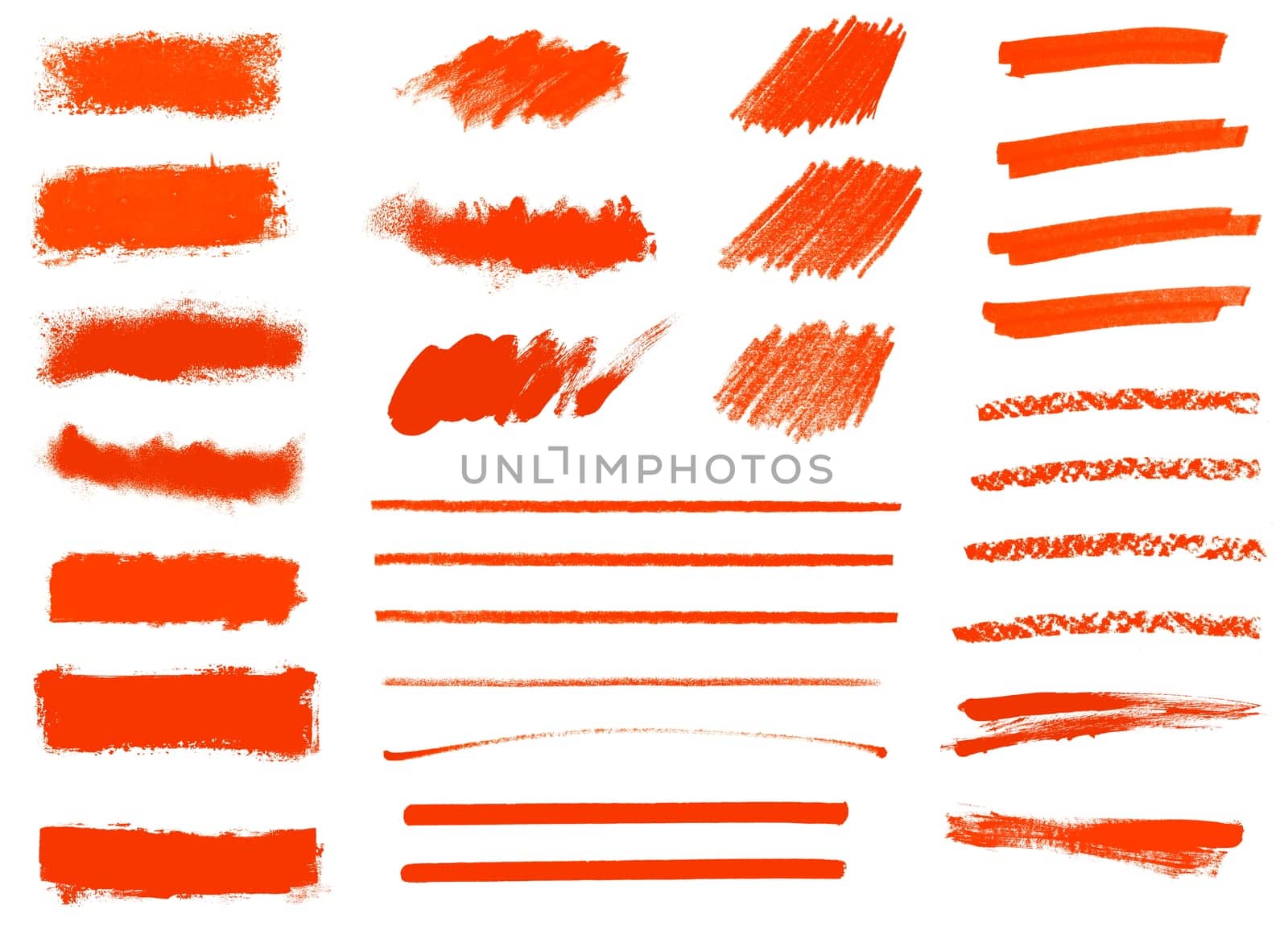 Big collection of red hand drawn pencil and paintbrush stripes, strokes and textures