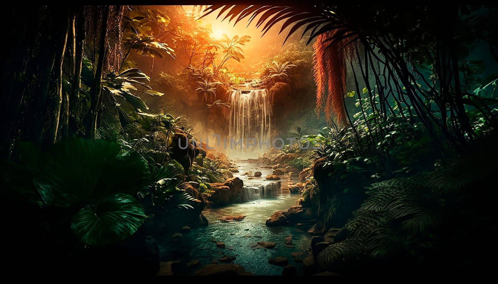 generative ai illustration of Tropical rainforest with waterfalls in sunset, depth of field