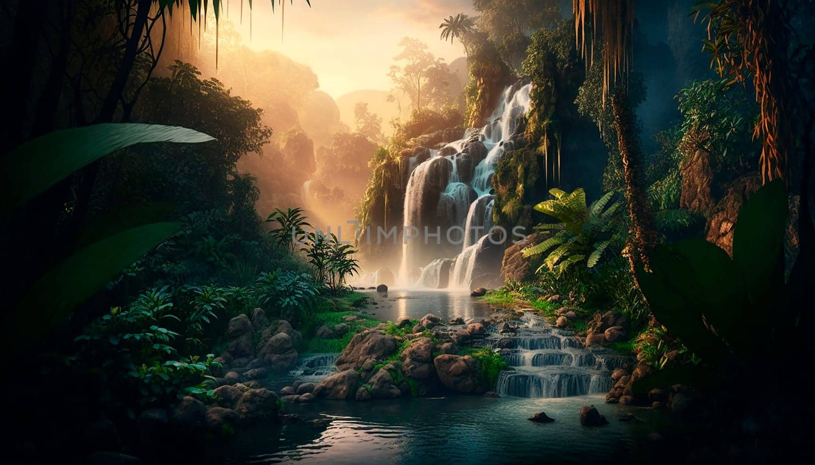 generative ai illustration of Tropical rainforest with waterfalls in sunset, depth of field