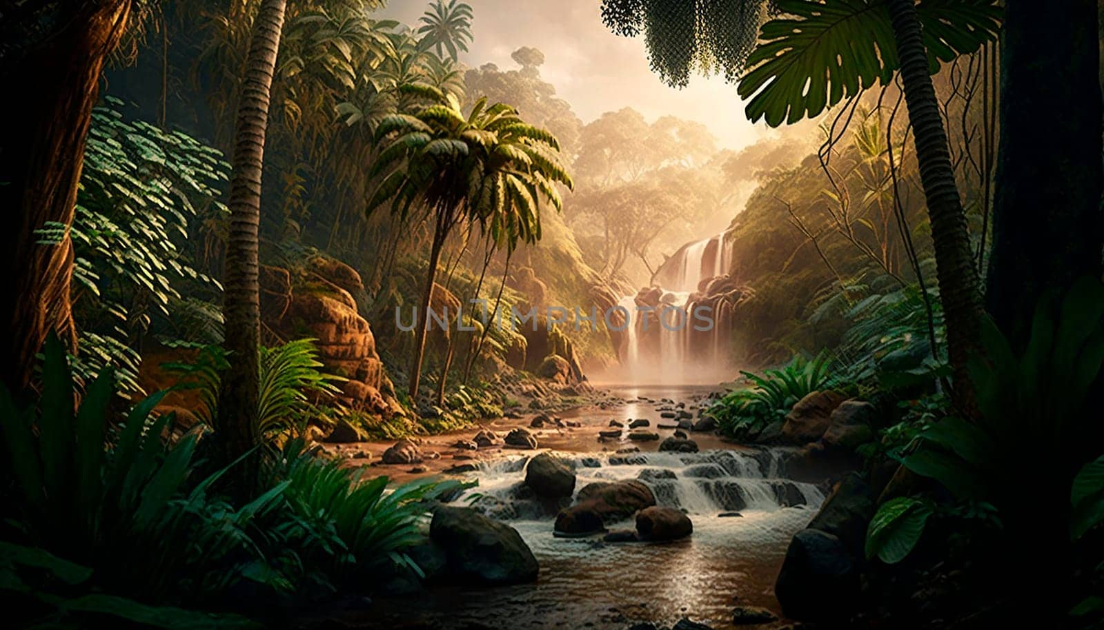 generative ai illustration of Tropical rainforest with waterfalls in sunset, depth of field