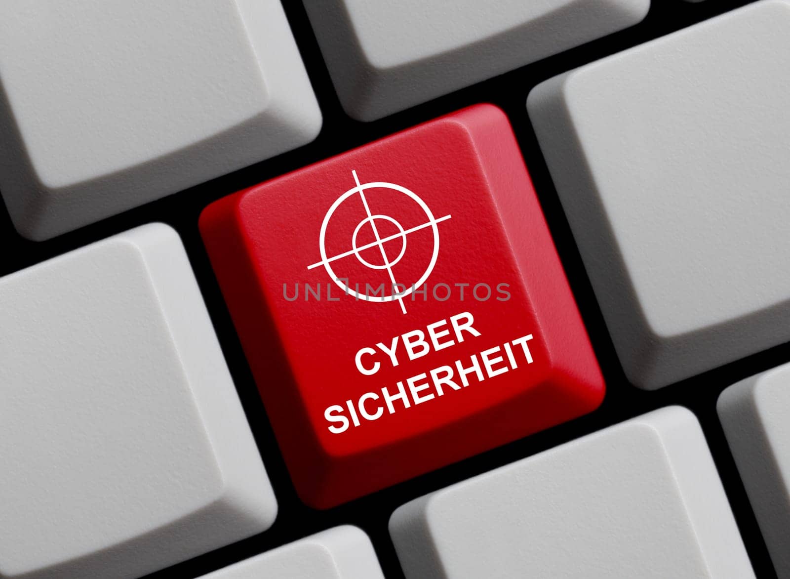 Red computer keyboard with crosshair showing Cyber Security in german language 3D Illustration