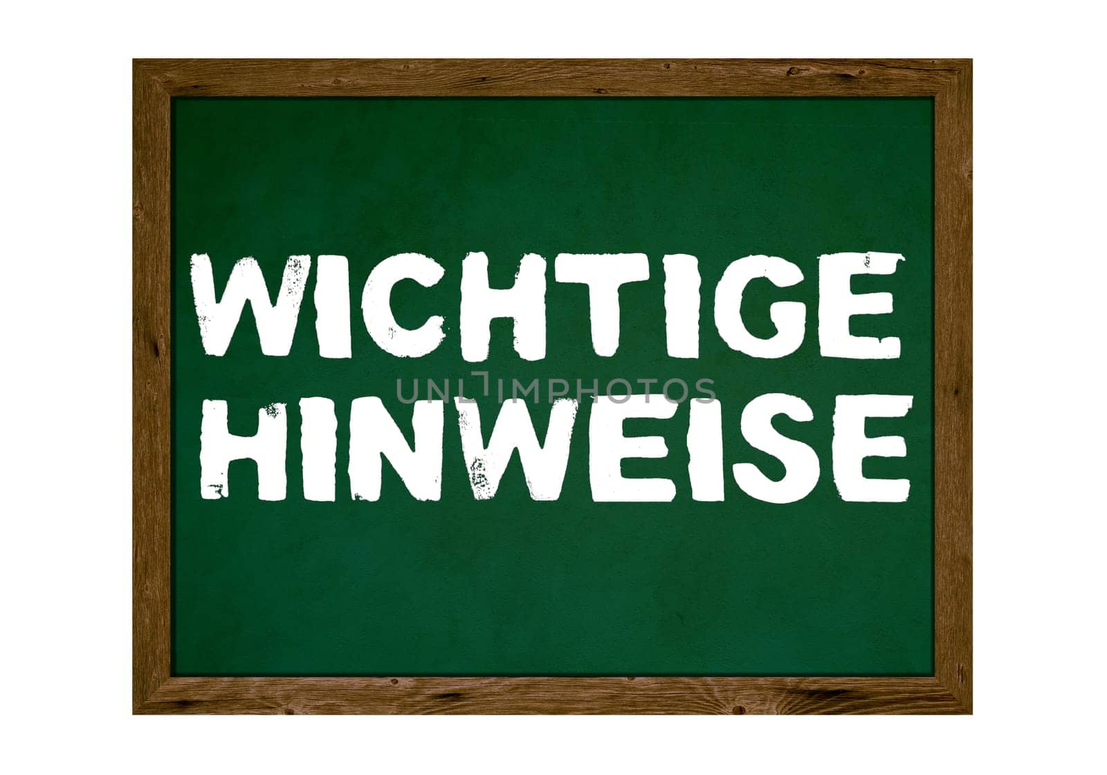 Old wooden chalkboard with text showing Important Informations in german language