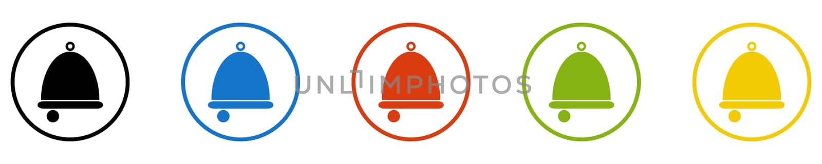 Button collection: Alarm or Bell - Icons in black, blue, red, green and yellow circles