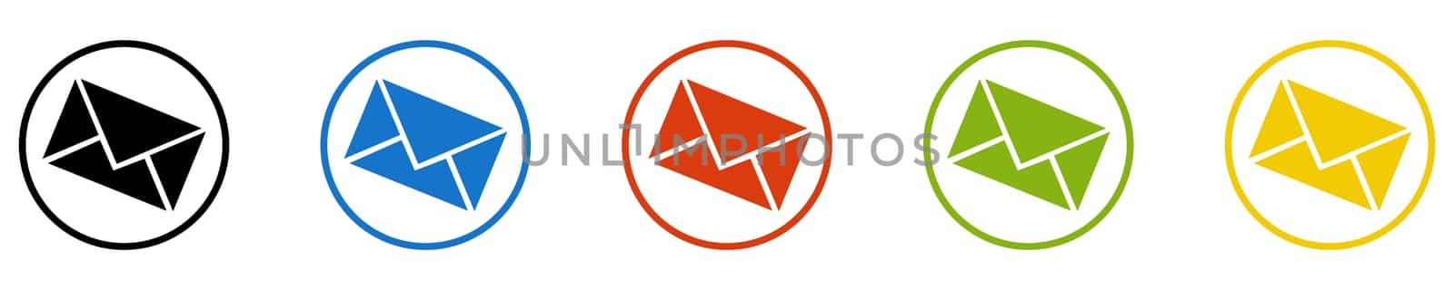 Button collection: E-Mail, Letter or Newsletter - Icons in black, blue, red, green and yellow circles