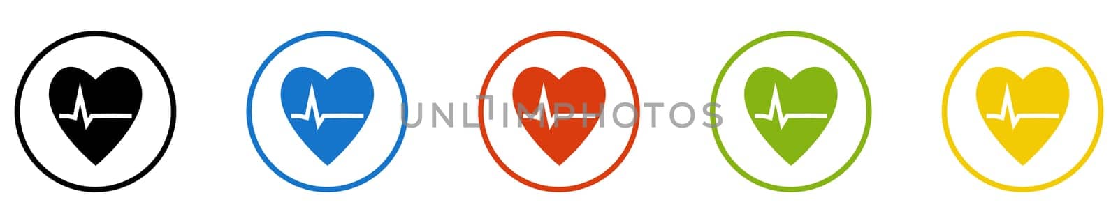Button collection: Heart with Heartbeat - Icons in black, blue, red, green and yellow circles