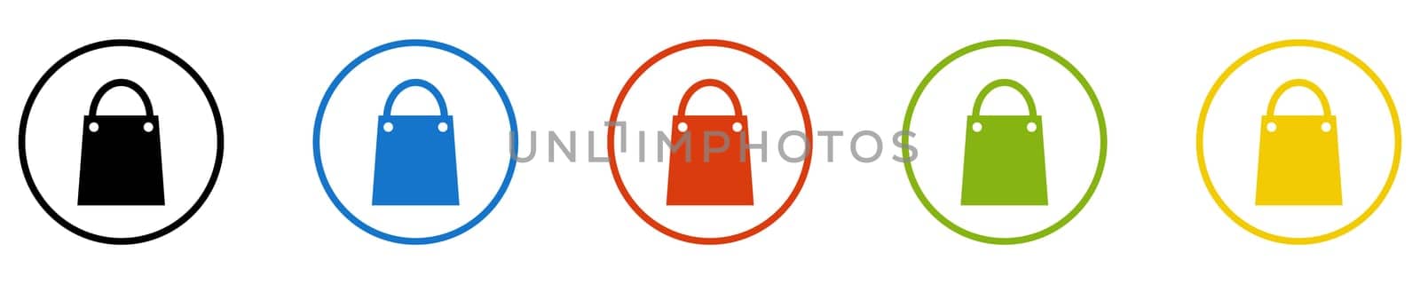 Button collection: Shopping, Shop or retail - Icons in black, blue, red, green and yellow circles