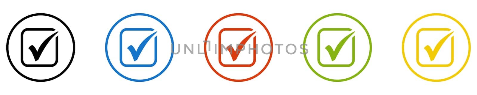 Button collection: Tick, Check or Vote - Icons in black, blue, red, green and yellow circles