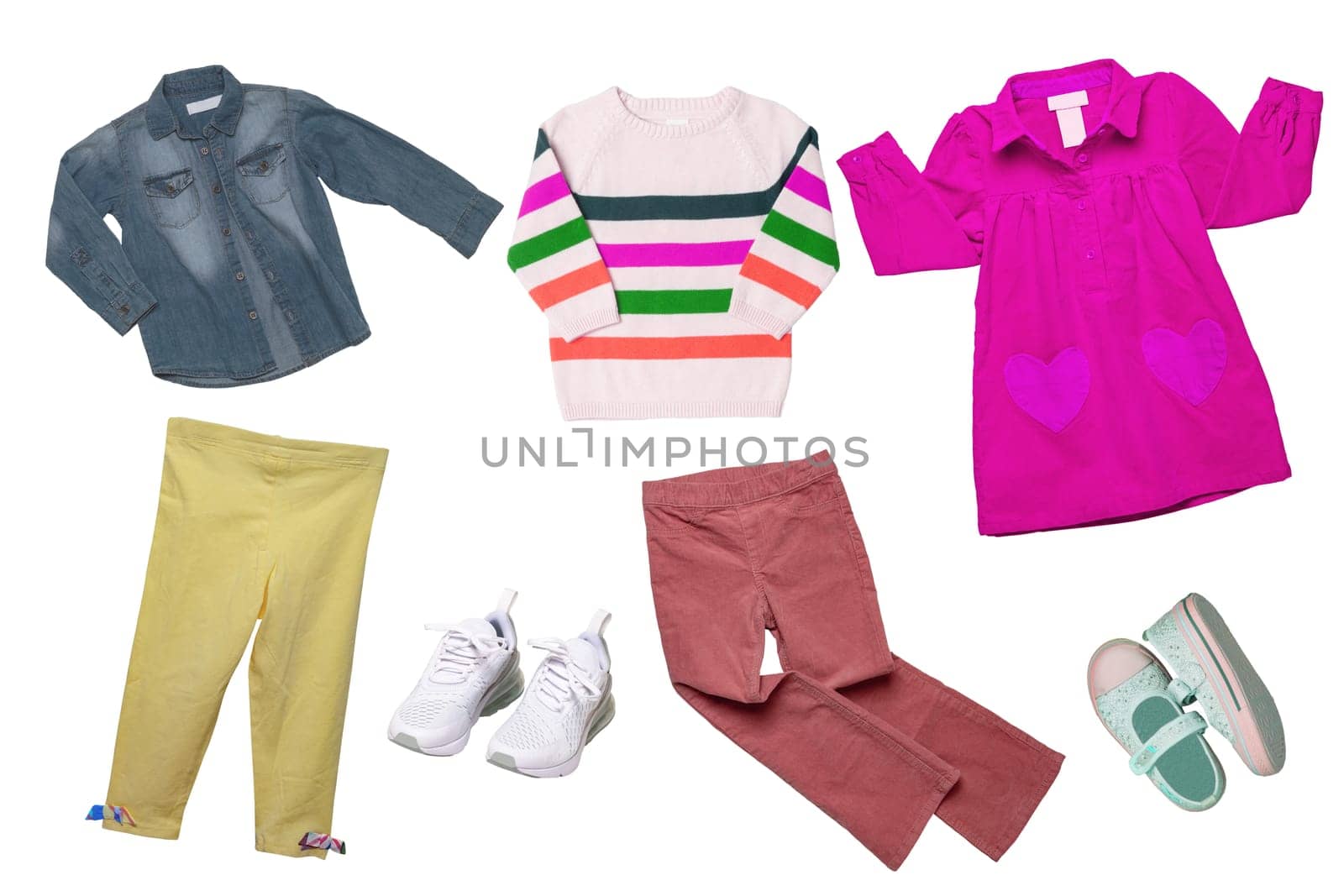 Collage set of girl spring summer clothes isolated. Female kids apparel collection. Child baby fashion clothing outfit. Colorful stylish jeans jacket, sweater, pants, shoes wearing.