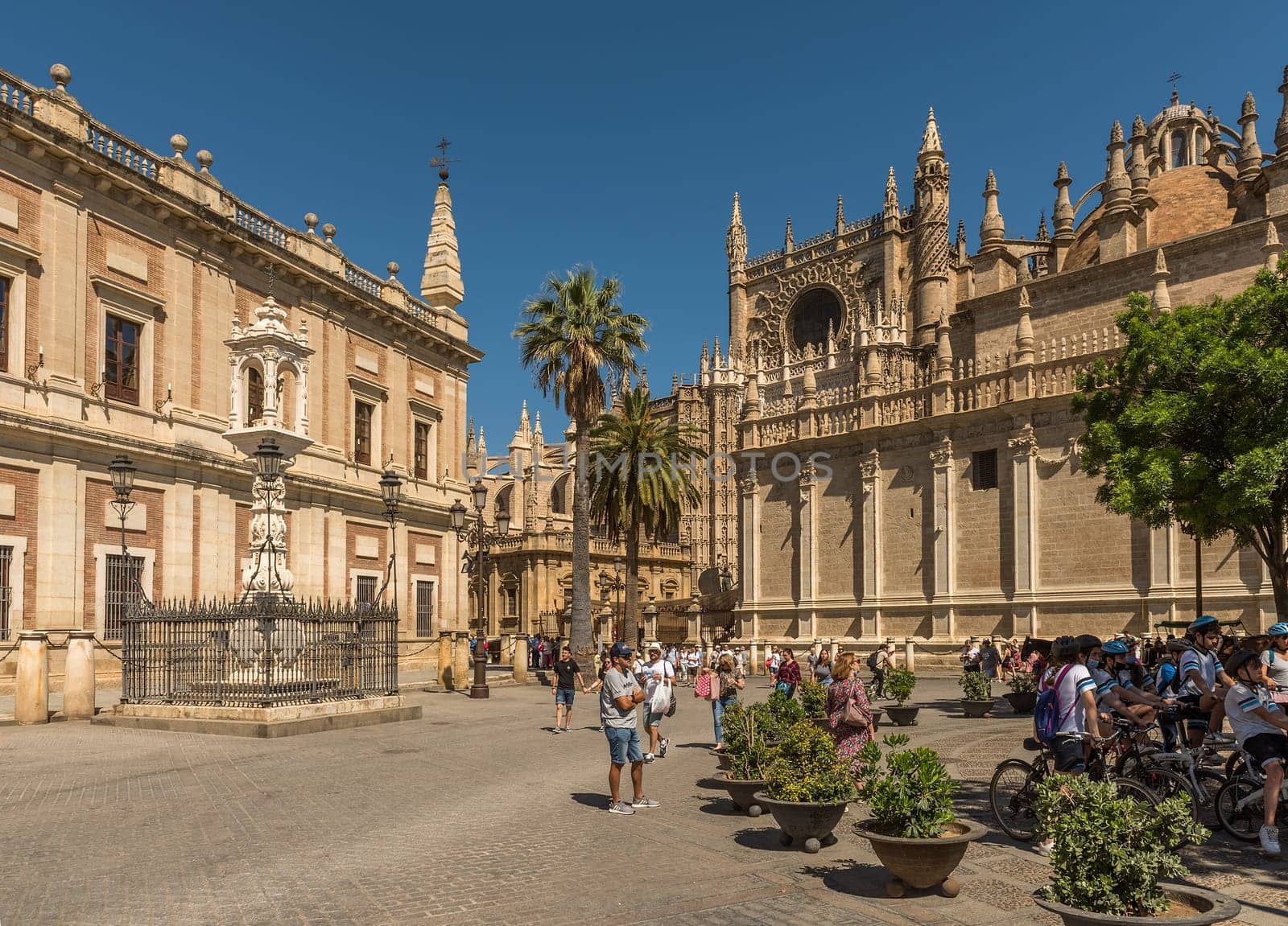 unidentified tourists in Plaza del Triunfo, Andalusia, Seville