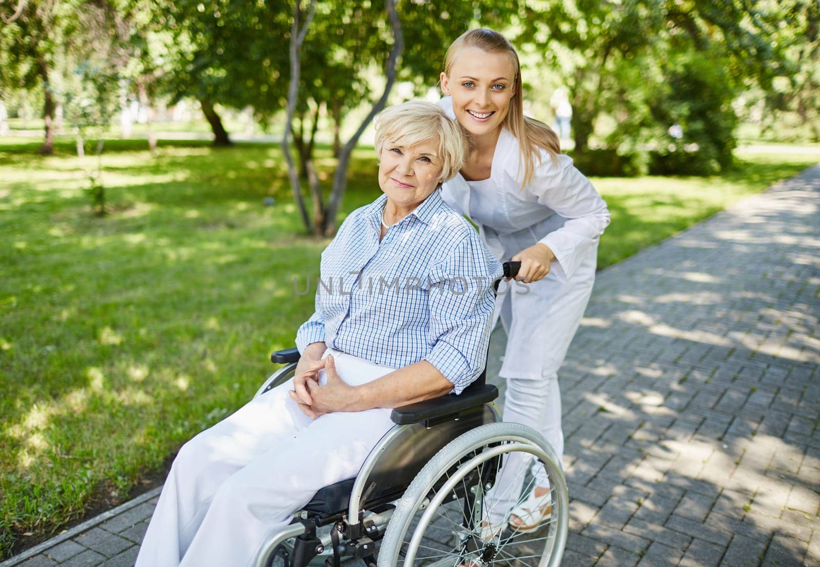 Healthcare assistant and aged woman in a wheelchair looking at camera during walk in park