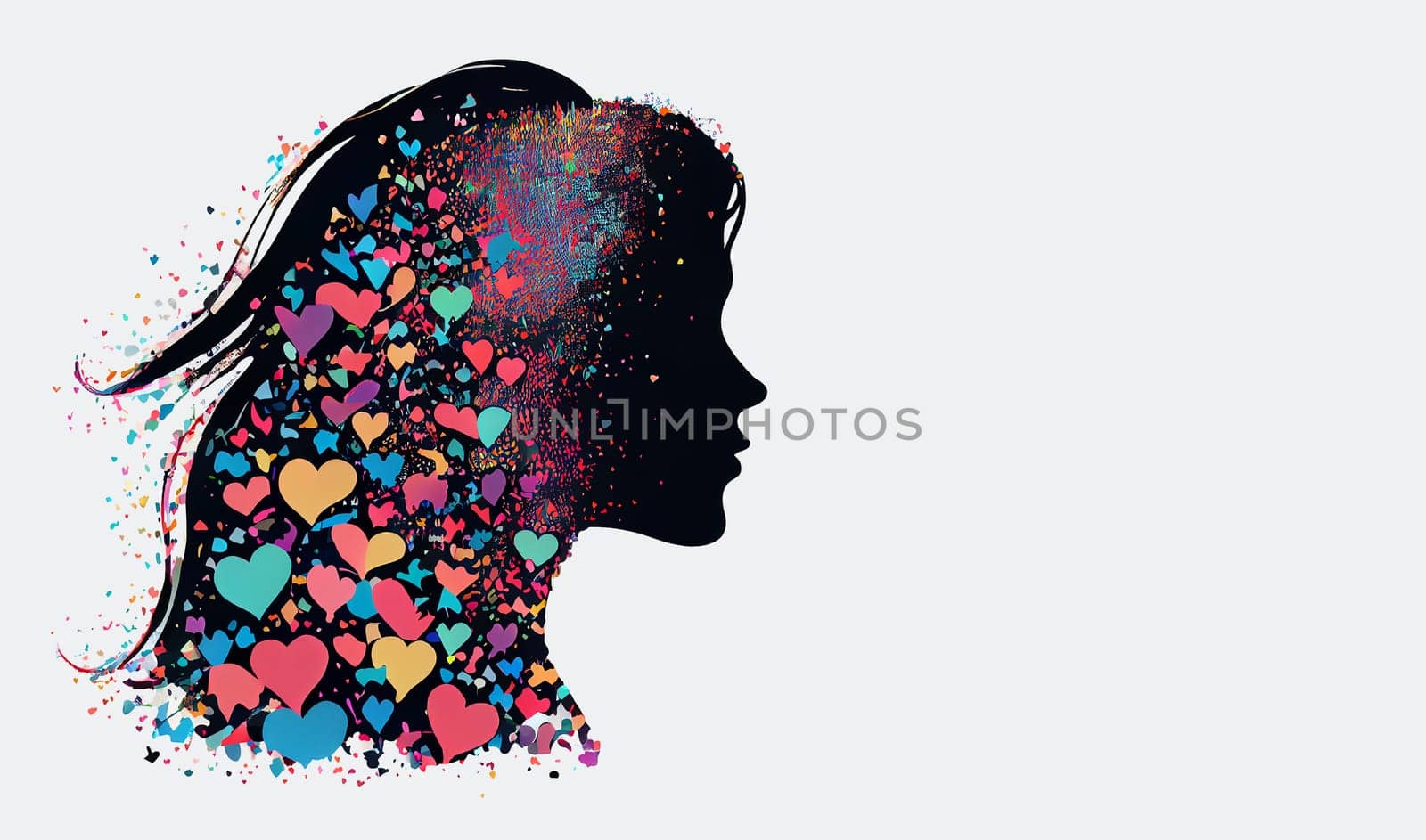 Woman with colorful hearts in her long hair, love and emotion concept, good hearted, positive thinking, generative AI