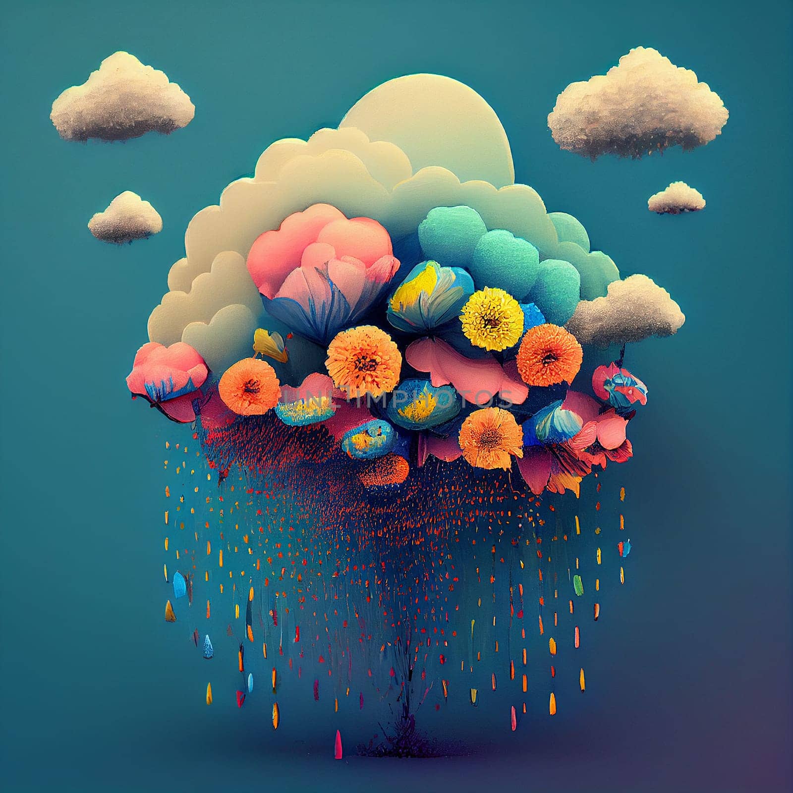 Colorful flowers raining from a cloud and unite with the raindrops, positive emotion and attitude, hope and self care concept, generative AI