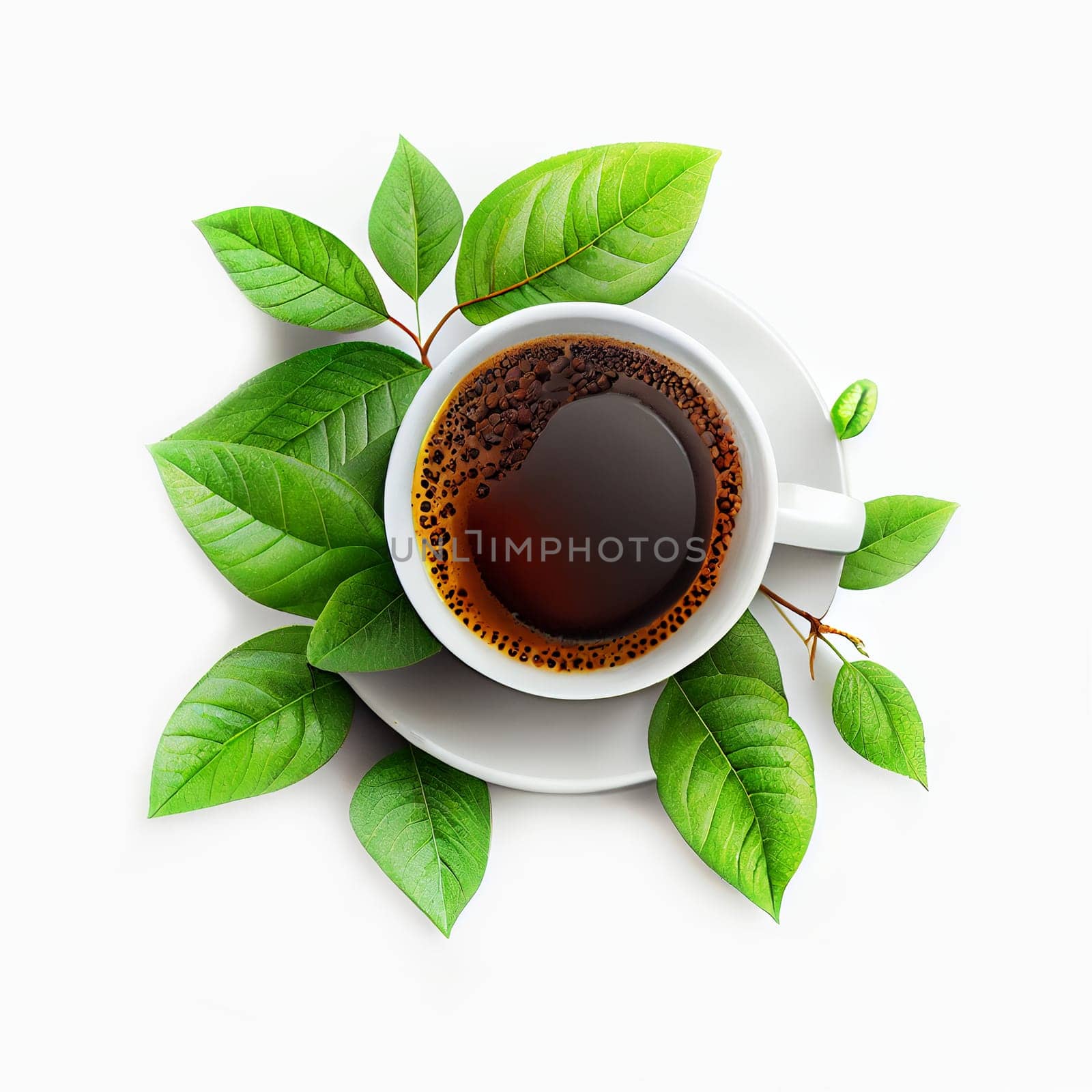 Cup of coffee with green leaves, wake up in the morning, hot drink with caffeine, take a break, generative AI